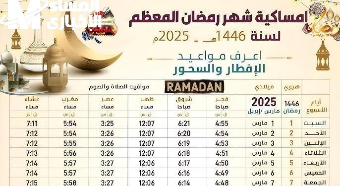 جدول أوقات الصلاة لرمضان 2025 في المغرب