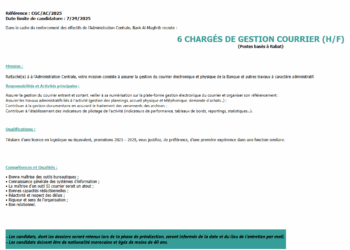 مباراة توظيف 6 المكلفين بتدبير البريد ببنك المغرب: آخر أجل هو 29 يوليوز 2025