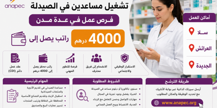 تشغيل مساعدين في الصيدلة بسلا والعرائش والجديدة براتب يصل إلى 4000 درهم