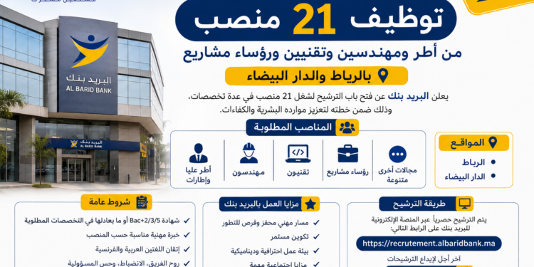 البريد بنك: توظيف 21 منصب من أطر ومهندسين وتقنيين ورؤساء مشاريع بالرباط والدار البيضاء