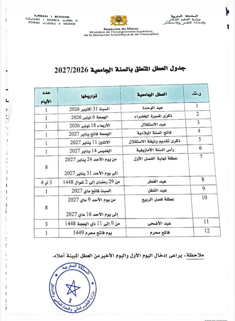 لائحة العطل الجامعية بالمغرب 2026-2027