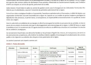 الشركة الجهوية متعددة الخدمات فاس مكناس (SRM-FM) تعلن عن حملة توظيف 271 منصباً في عدة تخصصات