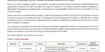الشركة الجهوية متعددة الخدمات فاس مكناس (SRM-FM) تعلن عن حملة توظيف 271 منصباً في عدة تخصصات